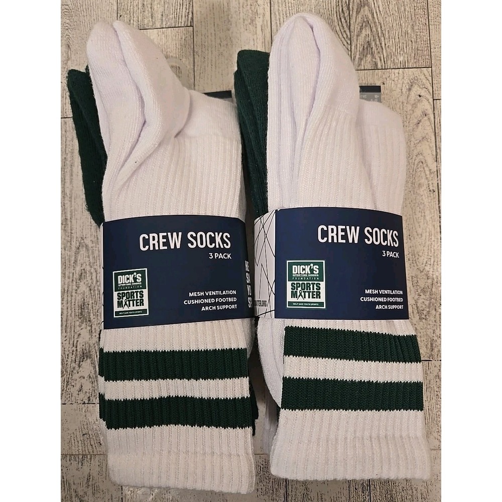 Mens Crew Socks LARGE 3pk Cushioned Arch GREEN Baseball Stripe Lot of 2 NEW